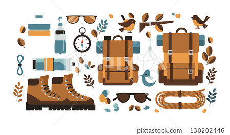 Hiking gear flat vector illustration with boots backpacks rope binoculars and birds in natural colors Hiking gear flat vector illustration with boots backpacks rope binoculars and birds in natural colors 130202446