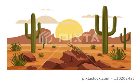 Desert landscape with cacti lizard and sunset natural arid environment vector illustration Desert landscape with cacti lizard and sunset natural arid environment vector illustration 130202455
