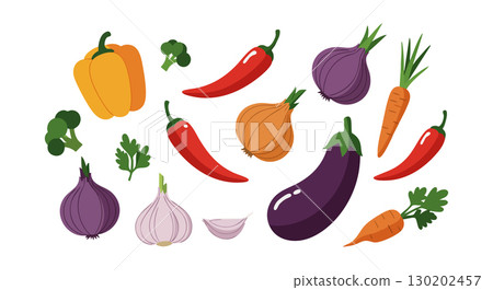 Fresh colorful vegetables including eggplant carrot chili garlic and onion vector illustration 130202457