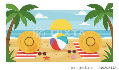 Beach scene with sunset palm trees striped towels and colorful beach ball vector illustration 130202458