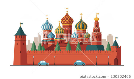 Saint Basils Cathedral Moscow colorful onion domes Kremlin wall vector illustration 130202466