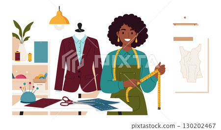 Tailor measuring tape in fashion design studio with clothing and fabric tools vector illustration Tailor measuring tape in fashion design studio with clothing and fabric tools vector illustration 130202467