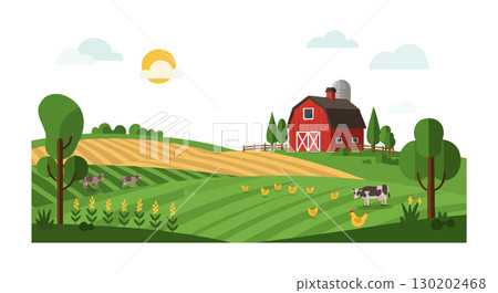 Rural farm landscape with red barn cows chickens and green fields vector illustration 130202468