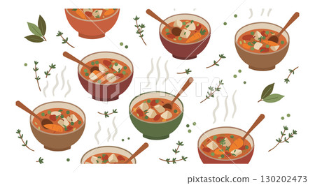 Vegetable soup bowls with herbs fresh hot steaming healthy food illustration vector 130202473