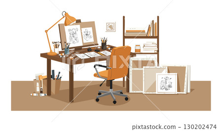 Designer workspace with sketches, brown chair, desk lamp, and art supplies in creative studio environment 130202474