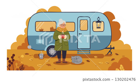 Senior woman enjoying coffee in front of blue campervan with autumn foliage and cat vector 130202476