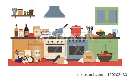 Kitchen interior with cooking utensils pots vegetables and green cabinets vector illustration 130202480
