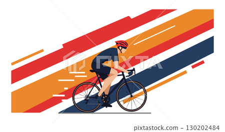 Cyclist riding road bike with red helmet on abstract colorful striped background vector illustration 130202484
