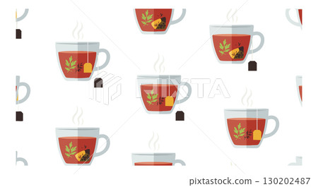 Hot herbal tea cups with tea bags seamless pattern background vector illustration Hot herbal tea cups with tea bags seamless pattern background vector illustration 130202487