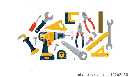 Collection of Hand and Power Tools for Construction and Repair Work Vector Illustration 130202488