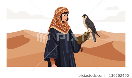 Middle Eastern falconer holding falcon in desert landscape illustration with traditional clothing Middle Eastern falconer holding falcon in desert landscape illustration with traditional clothing 130202490