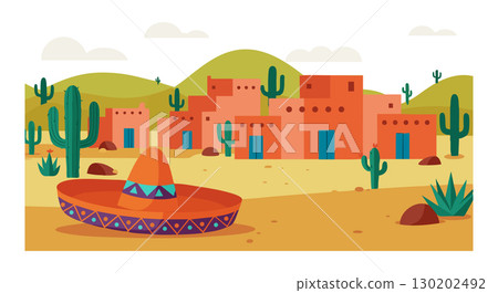 Desert village with traditional adobe houses and sombrero hat landscape illustration Desert village with traditional adobe houses and sombrero hat landscape illustration 130202492