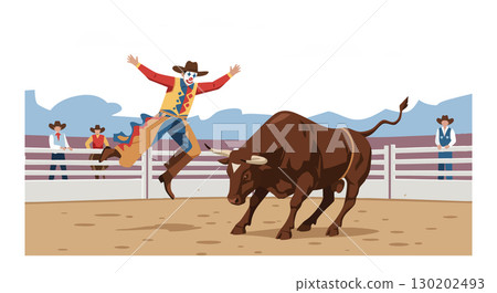 Bull rider jumping over aggressive bull in rodeo arena with spectators vector illustration 130202493