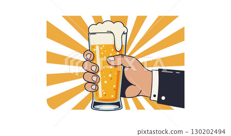 Hand Holding Cold Beer Glass with Foam and Sunburst Background Vector Illustration Hand Holding Cold Beer Glass with Foam and Sunburst Background Vector Illustration 130202494