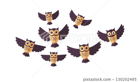 Flying cartoon owls with brown wings and beige bodies in a group vector illustration 130202495