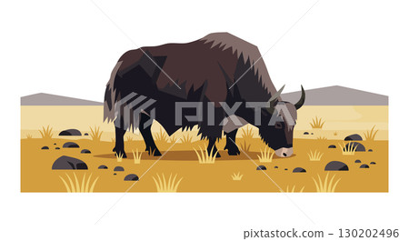 Yak grazing on dry grassland with mountains in background vector illustration Yak grazing on dry grassland with mountains in background vector illustration 130202496