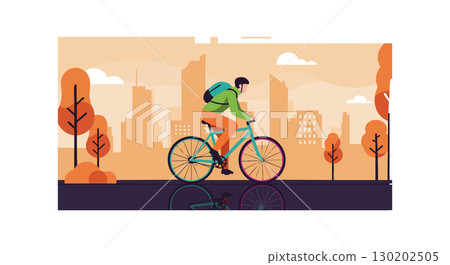 Man riding bicycle on city street with autumn trees in orange hues vector illustration 130202505