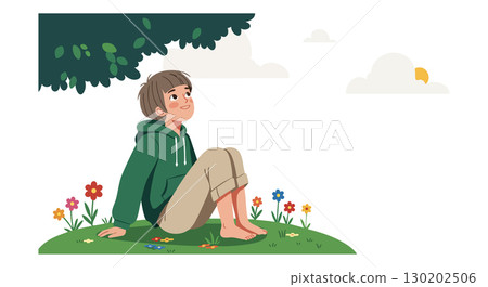Child Sitting on Grass Under Tree Enjoying Nature and Flowers in Calm Outdoor Scene Child Sitting on Grass Under Tree Enjoying Nature and Flowers in Calm Outdoor Scene 130202506