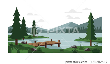 Mountain Lake Landscape with Wooden Pier and Pine Trees Natural Scenery Vector Mountain Lake Landscape with Wooden Pier and Pine Trees Natural Scenery Vector 130202507