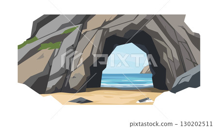 Natural sea cave with sandy beach and ocean view in vector illustration design 130202511