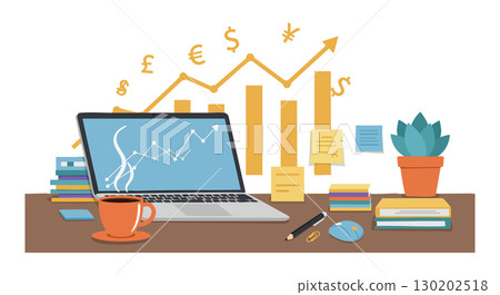 Laptop with financial charts and currency symbols on desk with books and plant vector illustration 130202518