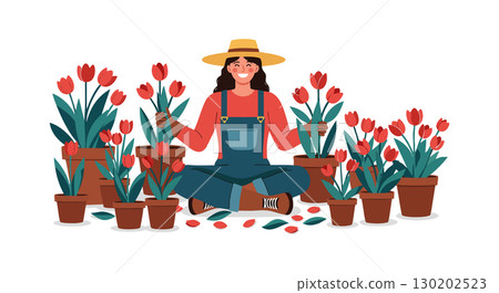 Woman gardener sitting surrounded by red tulip pots wearing hat and overalls vector illustration 130202523