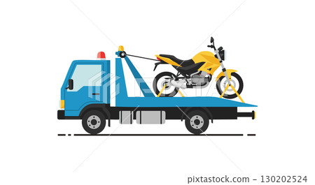 Tow Truck Carrying Yellow Motorcycle Flat Vector Illustration in Side View Tow Truck Carrying Yellow Motorcycle Flat Vector Illustration in Side View 130202524