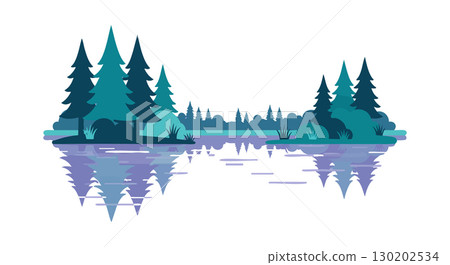 Pine Tree Forest Landscape Reflection on Water Calm Nature Scene Vector Illustration 130202534