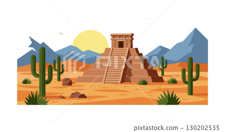Ancient pyramid temple in desert landscape with cactus and mountains vector illustration 130202535