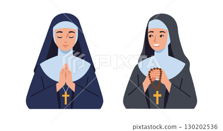 Two nuns praying with rosary beads wearing traditional religious habits vector illustration Two nuns praying with rosary beads wearing traditional religious habits vector illustration 130202536