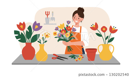 Woman arranging colorful spring flowers in vases with gardening tools and pots vector illustration 130202540