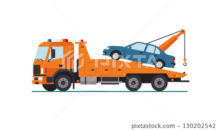 Tow truck carrying blue car vehicle illustration in flat style vector Tow truck carrying blue car vehicle illustration in flat style vector 130202542