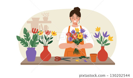 Florist arranging colorful flowers in workshop with vases and gardening tools vector illustration 130202544