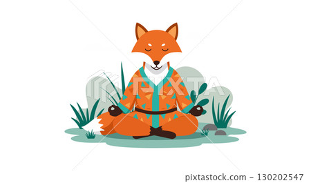 Fox sitting in lotus pose meditating peaceful nature scene vector illustration 130202547