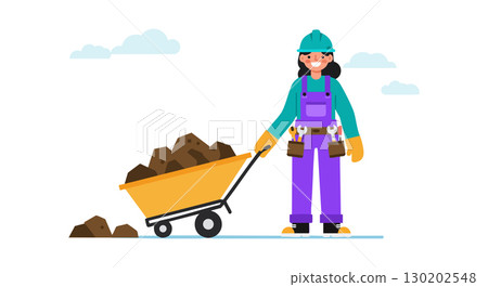 Construction worker pushing wheelbarrow with dirt in flat illustration style vector 130202548