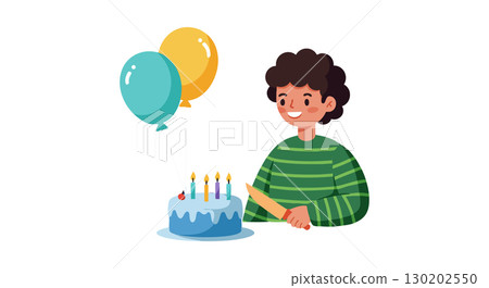 Boy Celebrating Birthday with Cake and Balloons in Green Striped Shirt Vector Illustration 130202550