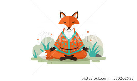 Fox meditating in lotus pose with orange kimono and nature background vector illustration Fox meditating in lotus pose with orange kimono and nature background vector illustration 130202553