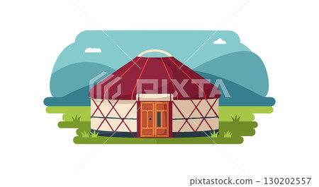 Traditional yurt with red roof and wooden door in nature landscape vector illustration Traditional yurt with red roof and wooden door in nature landscape vector illustration 130202557