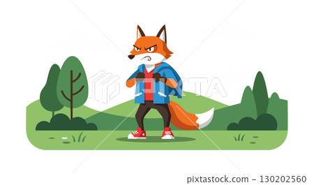 Fox Character Wearing Blue Jacket and Red Sneakers Walking in Green Park Vector Illustration 130202560