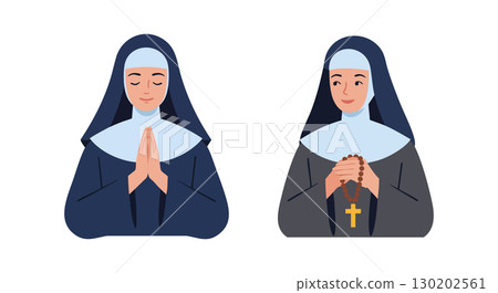 Two praying nuns in religious habits with cross necklace vector illustration Two praying nuns in religious habits with cross necklace vector illustration 130202561