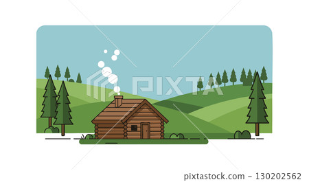 Wooden Cabin in Green Hills Landscape Vector Illustration with Pine Trees and Blue Sky Wooden Cabin in Green Hills Landscape Vector Illustration with Pine Trees and Blue Sky 130202562