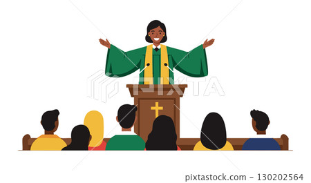 Female Pastor Speaking to Congregation in Church Pulpit Vector Illustration Female Pastor Speaking to Congregation in Church Pulpit Vector Illustration 130202564