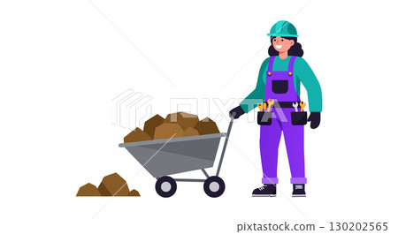 Female construction worker pushing wheelbarrow with soil in safety gear vector illustration Female construction worker pushing wheelbarrow with soil in safety gear vector illustration 130202565
