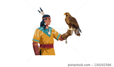 Native American man holding falcon bird wearing traditional clothing vector illustration Native American man holding falcon bird wearing traditional clothing vector illustration 130202566