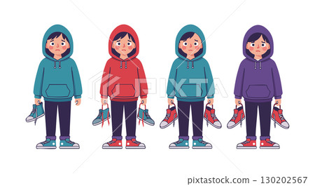 Boys in colorful hoodies holding ice skates vector illustration in winter clothing 130202567