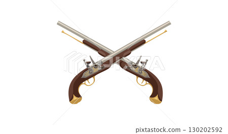 Crossed antique flintlock pistols with wooden handles and metallic barrels vector illustration 130202592