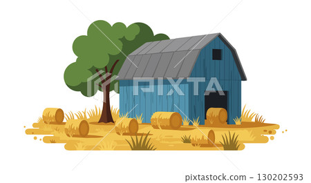 Blue barn with hay bales and tree in rural farm setting vector illustration 130202593