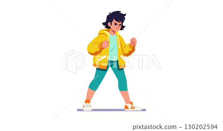 Young Boy Wearing Yellow Jacket Standing in Fighting Stance Vector Illustration 130202594