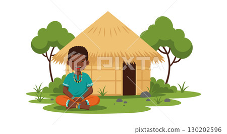 African Child Sitting Cross Legged Outside Traditional Hut with Trees and Grass Vector Illustration 130202596