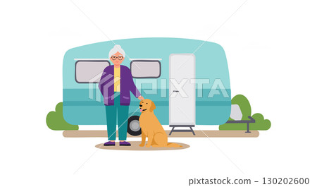Elderly man standing with golden retriever dog in front of blue camper van vector illustration 130202600